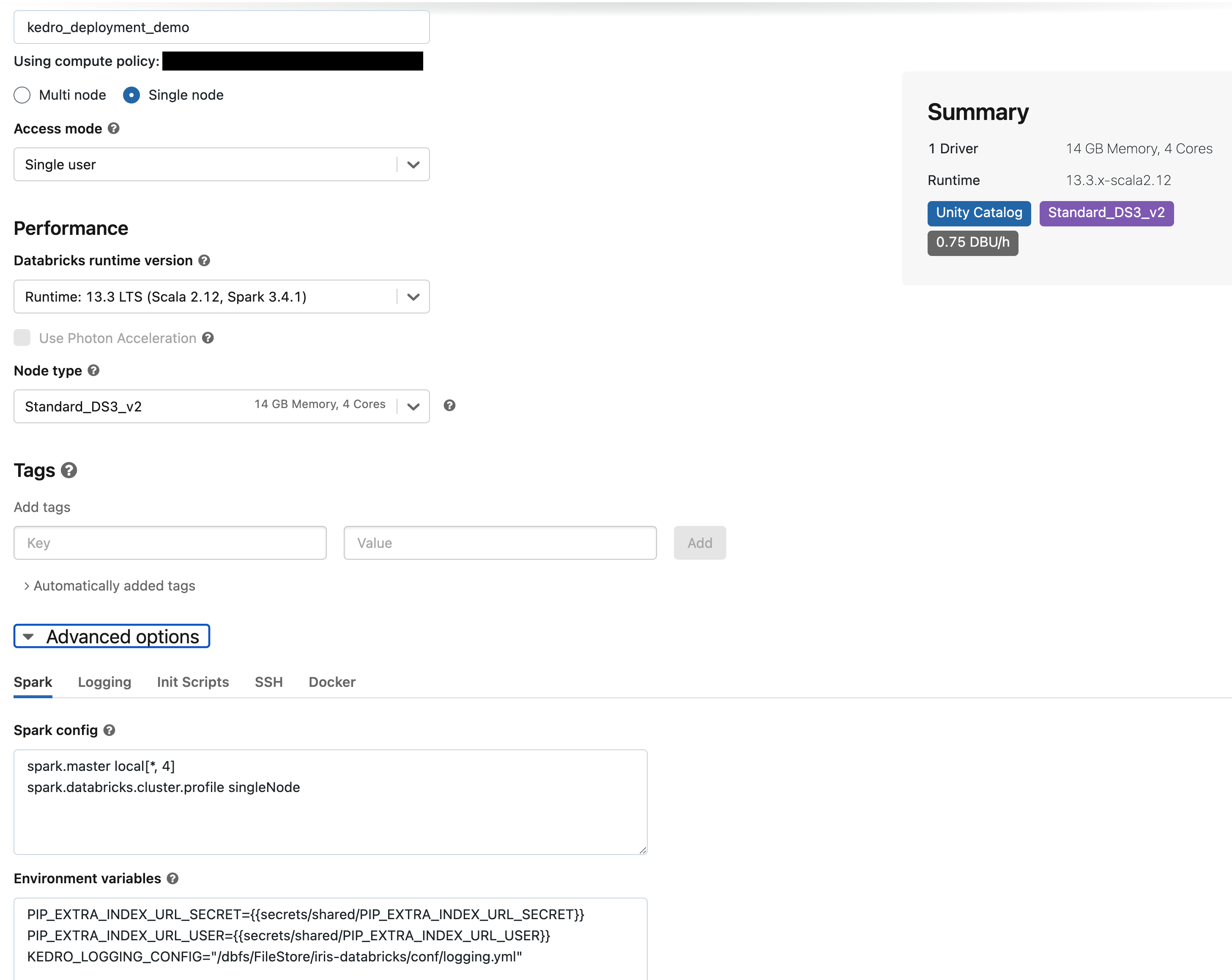 Configure Databricks job cluster